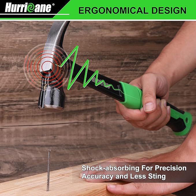 HURRICANE 20 oz Claw Hammer with Magnetic Nail Holder, Straight Rip Claw Hammer with Shock-Absorbing Handle, Heavy Duty One-piece Forged Hammer
