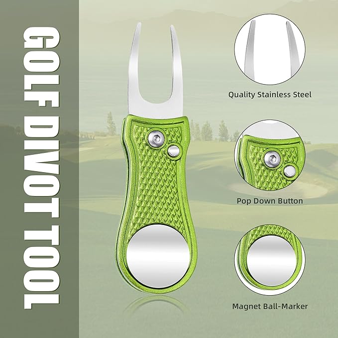 Mile High Life Golf Divot Repair Tool, All Metal Foldable Divot Tool with Pop-up Button & Magnetic Ball Marker