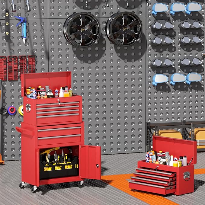 INTERGREAT 8 Rolling Drawers Tool Chest, Assembled Tool Chest with Wheels, Detachable Top Tool Box, Tool Cabinet for Repair Room,Warehouse, Rolling Tool Box with Hooks,Tray Divider,Liners, Red