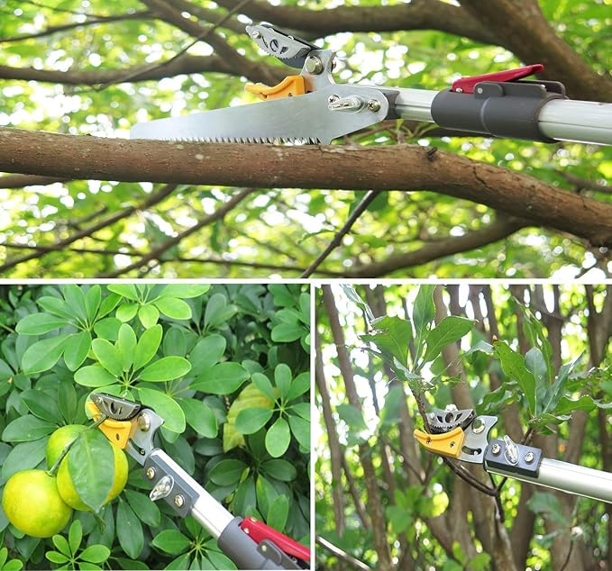 4.4-7.2 Foot Tree Pruner 2 Sections Extendable 4 Nodes Adjustable, Cut and Hold Pruning Trimmer, Long Reach Pole Saw, Telescoping Fruit Picker, Branches Bypass Lopper With Hook