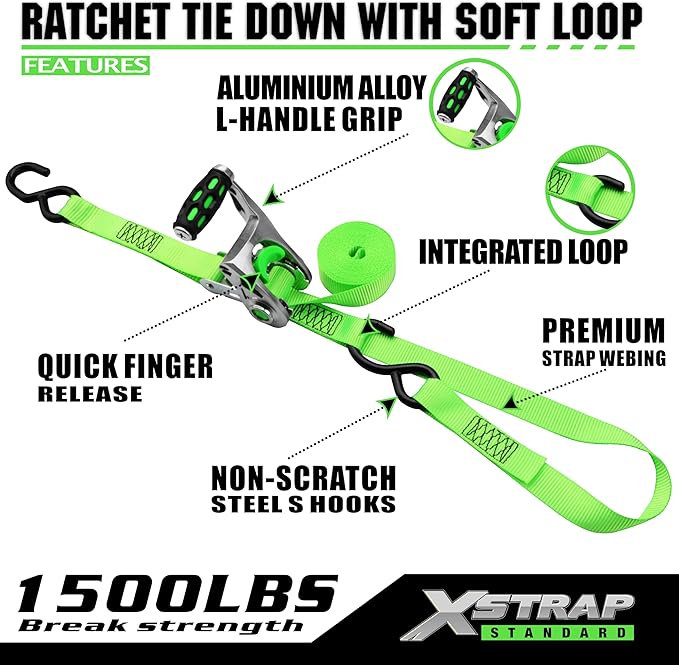 XSTRAP STANDARD 1in x 14ft Ratchet Straps with Ergonomic Aluminium Alloy Handle and Coated S-Hooks - 500 lb. Working Load Limit / 1,500 lb. Breaking Strength - Green, 8PK