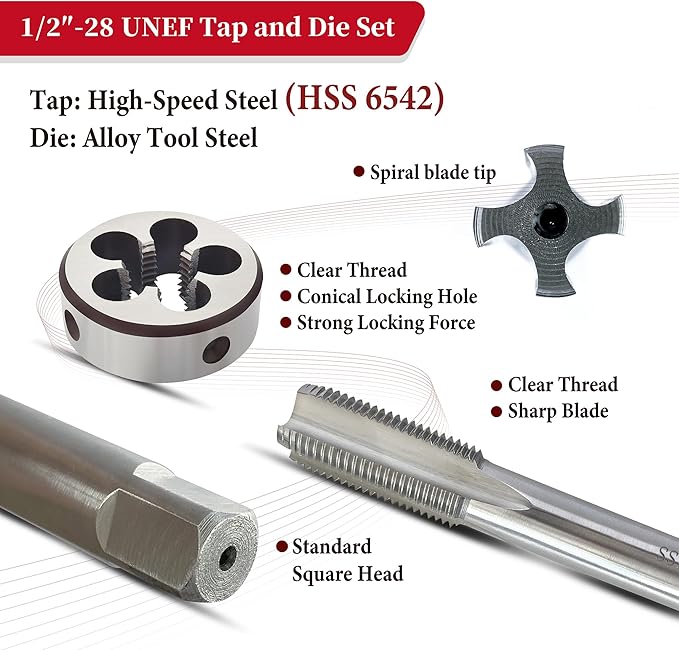 1/2"-28 UNEF Tap and Die Set, 1/2x28 Tap and Die, HSS 6542 Machine Right-Hand 1/2 x 28 Thread Tap and Round Die