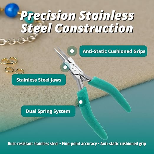 Excelta Precision Stainless Steel Needle Nose Pliers, 4.75 Inch, Cushioned Anti-Static Grip, Rust-Resistant, For Jewelry Making, Electronics Repair, Model Building, Beading, and Detailed Craft Work