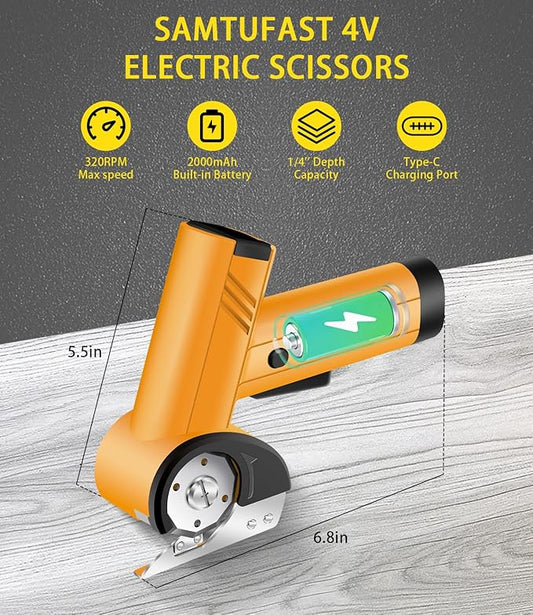 Cordless Electric Scissors 4-speed Adjustable with LED Smart Display, 4V Rechargeable Cardboard Cutter with Storage Box & 2 Blades, Electric box cutter for Cardboard Fabric Plastic Leather