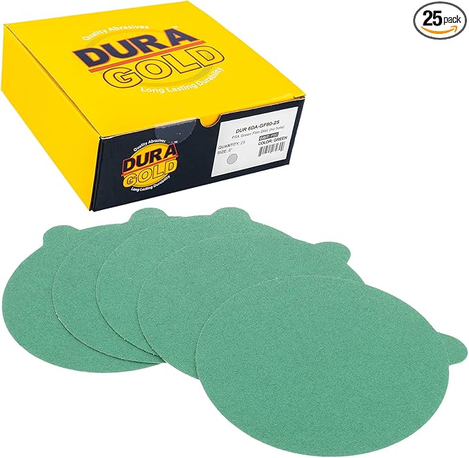 Dura-Gold Premium 6" Green Film PSA Sanding Discs - 80 Grit (Box of 25) - Self Adhesive Stickyback Sandpaper for DA Sanders, Finishing Coarse Cut Abrasive - Sand Automotive Paint, Woodworking Wood