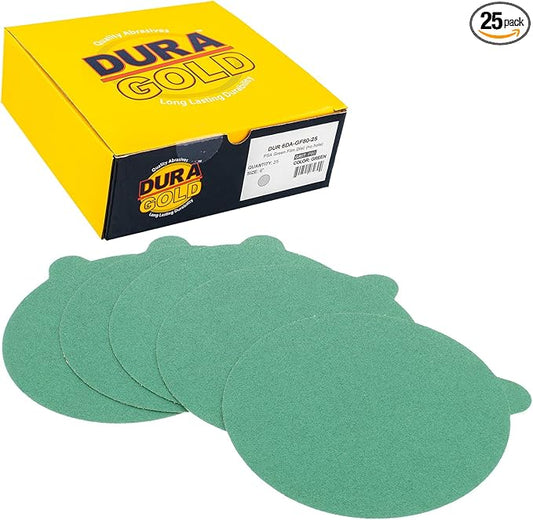 Dura-Gold Premium 6" Green Film PSA Sanding Discs - 80 Grit (Box of 25) - Self Adhesive Stickyback Sandpaper for DA Sanders, Finishing Coarse Cut Abrasive - Sand Automotive Paint, Woodworking Wood