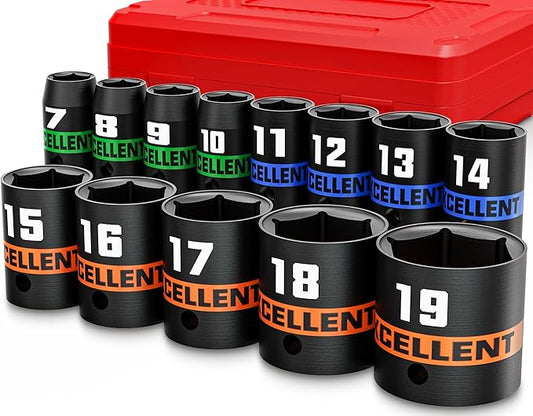 13 Pieces 3/8-Inch Drive Impact Socket Set, 7-19mm Shallow Socket, 6 Point Metric Sockets for Automotive Repair, Equipment Maintenance