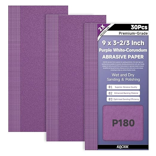 30-Sheet Premium White Corundum 180 Grit Sandpaper, 9 x 3-2/3 Inch Heavy Duty Wet Dry Abrasive Sheets for Wood Metal Automotive Sanding and Smoothing