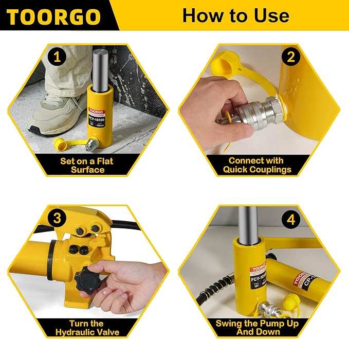 10T 4Inch Stroke Porta Power Single Acting Lifting Cylinder for Shipbuilding, Machinery and Industry, Automatically Retract Split Hydraulic Cylinder Jack, Yellow