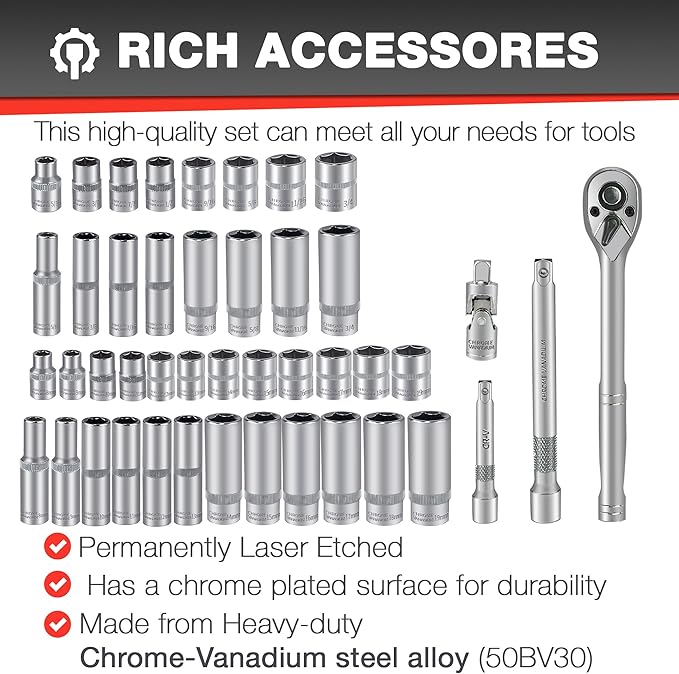 44pcs 3/8" Drive Impact Socket Set,Drive Master Socket Set,SAE/Metric, Deep & Shallow with 3/8" Drive Head Ratchet,Universal Joint,Extension bar (3??& 6??,6 Point,CR-V Steel竊똌irror Chrome