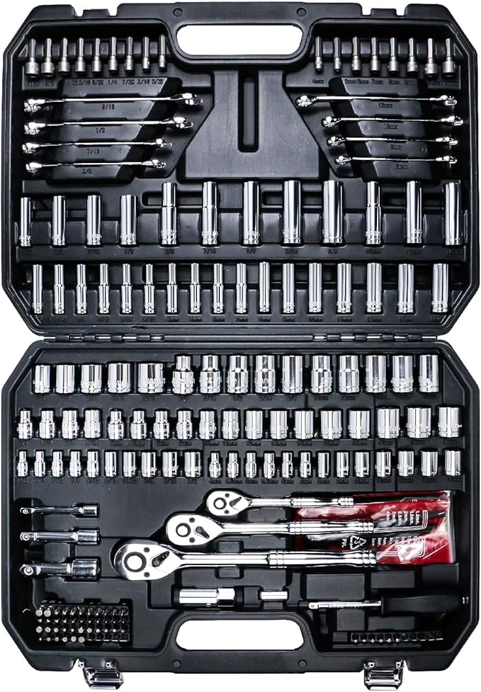 AMM Mechanics Tool Set, 1/4 in, 3/8 in and 1/2 in Drive socket set, 202 Piece