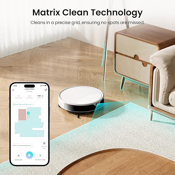 Lefant M350 Robot Vacuum and Mop Combo, 40-Day Self-Emptying, 190째 PSD Obstacle Avoidance,6000Pa Suction竊똒uiet,Smart Navigation,Self-Charging, for Hard Floor, Carpet, Pet Hair,150 Min Runtime.White