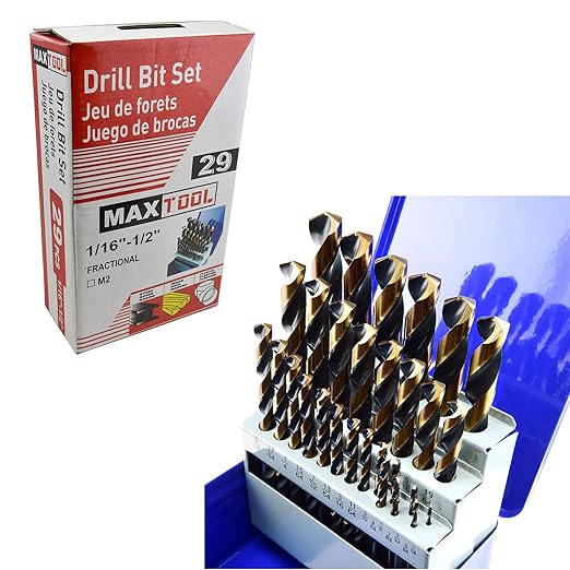 MaxTool Twist Drill Bit Set 29PCs High Speed Steel M2 Jobber Length Fully Ground for Metal Stainless Steel Plastic etc 1/16??to 1/2?? JBS02H10R029P