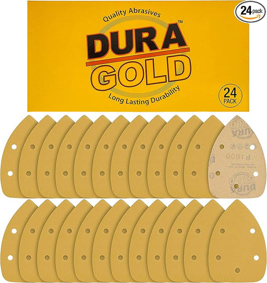 Dura-Gold Premium Mouse Detail Sander Sandpaper Sanding Sheets - 1000 Grit (Box of 24) - 5 Hole Pattern Hook & Loop Triangle Mouse Discs - Woodworking Wood Crafting, Automotive Color Sanding Polishing