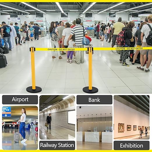 Therwen 6 Pack Heavy Duty Crowd Control Stanchions 9.8 ft Stainless Steel Stanchion Set with 6 Safety Barrier Post Retractable Belt and 1 Sign Holder Crowd Control Barrier(Caution Belt,Yellow)