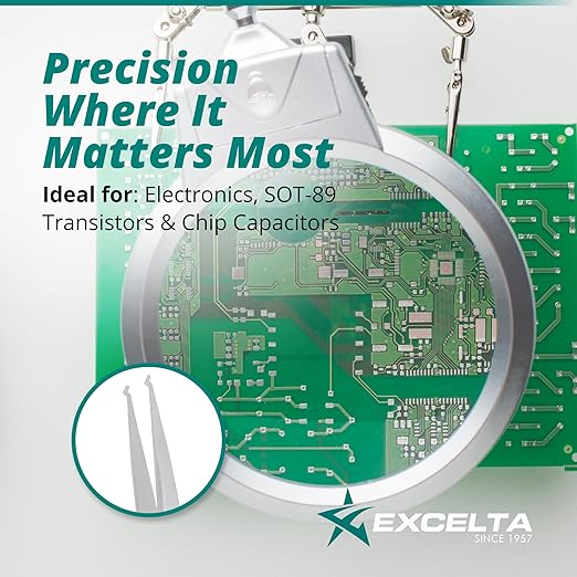 Excelta 104-SA 15° Bent Tweezers, 4.5 Inch Paddle Tip for SOT-89 Transistors and Chip Capacitors, Wide Point Anti-Magnetic Stainless Steel, Conductive Surface Resistivity, Made in Italy, Professional