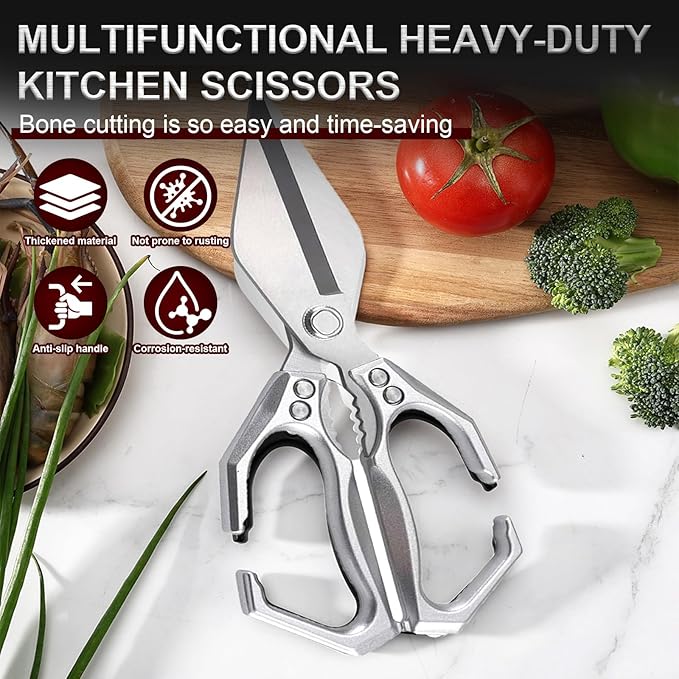 Kitchen Scissors for Food Heavy Duty Poultry Shears Built-In Nutcracker, Japanese High-Carbon Steel Culinary Shears with Ergonomic Handle, All Purpose Kitchen Tool for Chicken, Meat & Seafood (Silver)