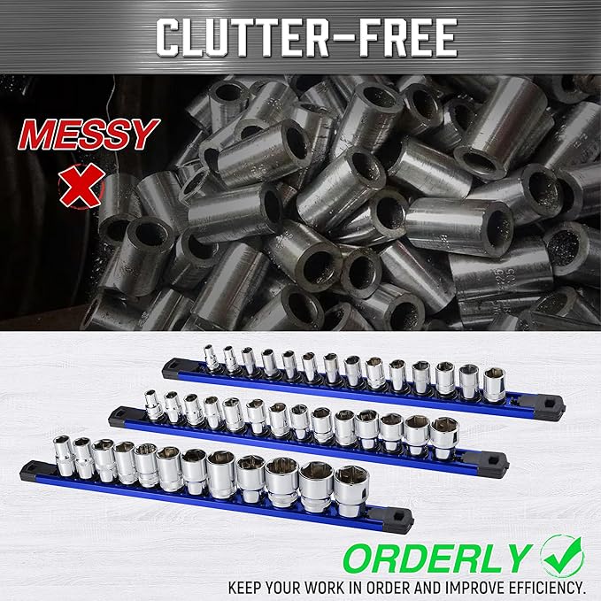 ALOANES 6-Piece Magnetic Socket Organizer, Heavy Duty Aluminum Socket Rails Organizer, 360째 Swivel Clips Socket Holder Kit for Tool Box, 1/2, 3/8, 1/4-Inch Socket Holder x 80 Clips (Red&Blue)