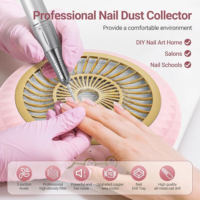 2 in 1 Nail Dust Collector Quiet , 5000RPM Vacuum Fan Extractor with Reusable Filter & 30000RPM Electric Nail Drill File Professional with 6 Bits - Home/Salon Use, Pros Tech & Beginners