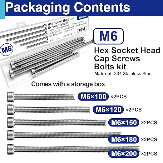 10Pcs M6 Hex Socket Head Screws, Stainless Steel Full Thread Bolts Assortment Kit in 100mm, 120mm, 150mm, 180mm, 200mm