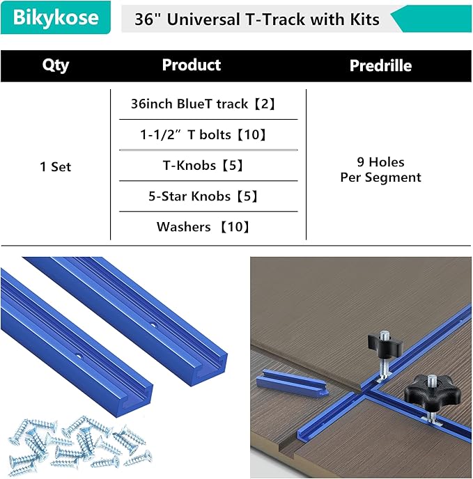2 pack 36" T-Track with 20pcs T-Track Knob Kit for Woodworking with Screws, Aluminum Alloy Woodworking Tools Double Cut Profile Universal T-Tracks with Predrilled Mounting Holes anodized blue