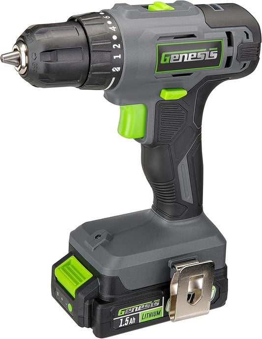 Genesis G20MAX 20V Cordless Drill with Battery and Charger 2-Speed 3/8" Single Sleeve Keyless Chuck, 300 in-lb Torque, 20+1 Clutch Settings (GLCD2038B)