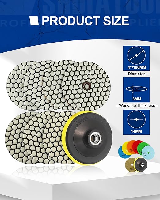 SHDIATOOL Dry Diamond polishing Pads 4 Inch Set of 7 Pieces Plus a Plastic Backer for Granite Marble Stone Quartz