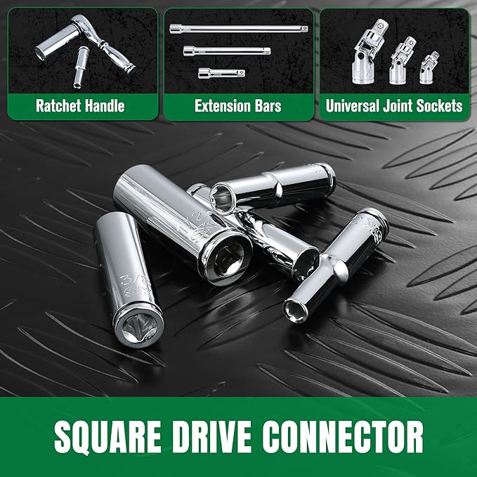 SK 1/4" Drive Socket Set, Deep SAE Sockets, 10-Piece 3/16" to 9/16 ", SuperKrome Finish, Premium CR-V Construction, with Aluminum Socket Organizer