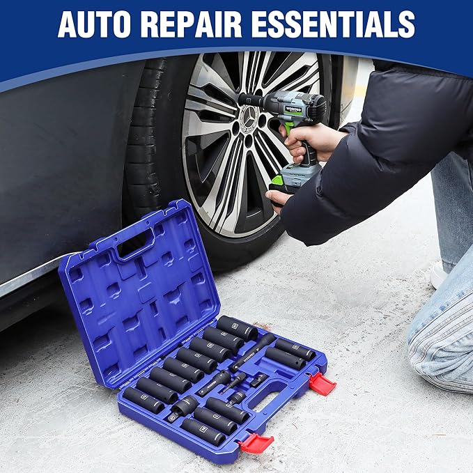 WORKPRO 20-Piece 1/2竊?Drive Deep Impact Socket Set, 6-Point, Cr-V Steel, 10-27mm, Universal Joint, Adapter and Extension Bar, Metric