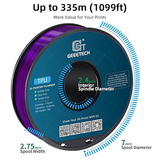 Geeetech TPU Filament 1.75mm, Shore 95A Flexible 3D Printer Filament with High Elasticity, 1KG (2.2lbs) Spool, Dimensional Accuracy 짹0.03mm, Fits Most FDM Printers (Clear Purple)