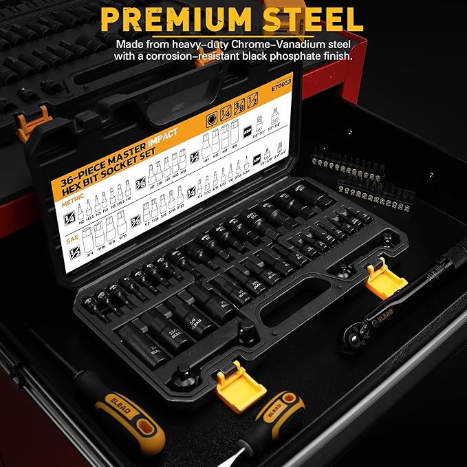 Hex Bit Impact Socket Set: 36-Piece with 4 Adapters, 1/4", 3/8", 1/2"Drive Master Allen Socket Set, Cr-V Steel, SAE and Metric, H5-H19 & 3/4"-5/64", Reinforced Storage Case, Automotive Mechanic