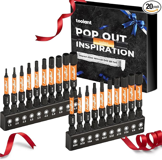 Stocking Stuffers for Men, toolant Impact Hex Head Allen Wrench Drill Bit Set 20pcs(Metric&SAE), Christmas Gifts, Birthday Gifts, Tools Gifts for Adults Dad Boyfriend Father Husband, S2 Steel Bits Set