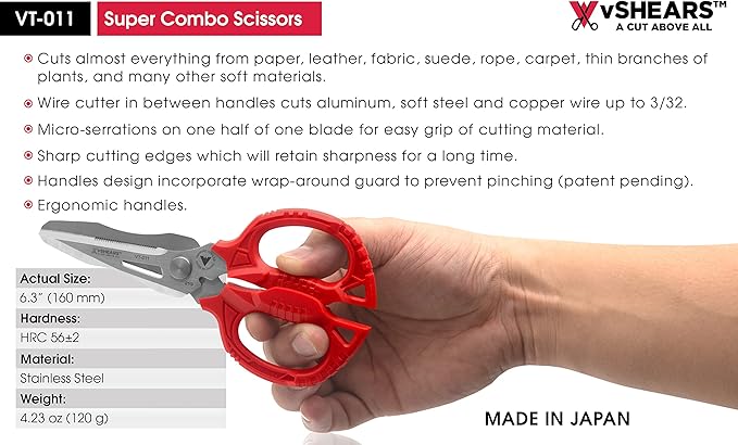 VAMPLIERS 6.3" Compact Heavy Duty Electrician Scissors. Made in Japan. 4-in-1 Multipurpose Blades.