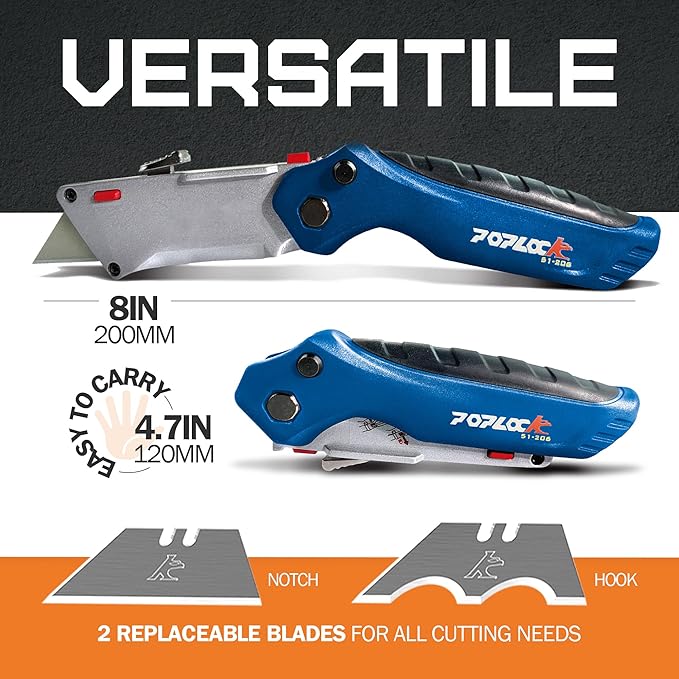 POPLOCK Folding Utility Knife with Patented K-Hook Blade & Notch Razor ??Dual Blade Retractable Box Cutter for Roofing, Drywall, Carpentry & Multi?멇ngle Cutting