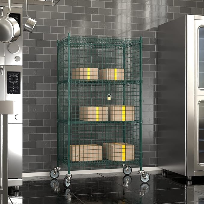 Commercial Grade NSF Listed Metal Wire Mesh Storage Green Epoxy Mobile Security Cage Kit, 24" x 36" x 70", Perfect for Warehouse, Walk-in Refrigerator, Freezer, Grocery Store, Restaurant, Dishroom