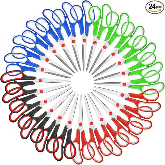 Modern Multipurpose Scissors, 8" Bulk 24-Pack, Stainless Steel, Ambidextrous, Red, Blue, Green, Black