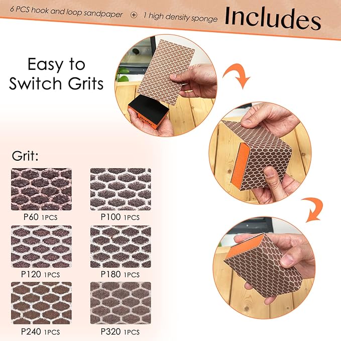 S&X Sanding Sponge Set 6-Pack of Hook and Loop Sandpaper Interchangeable 6 Assorted Grits - Wet and Dry, Anti-Clogging, Durable (6)
