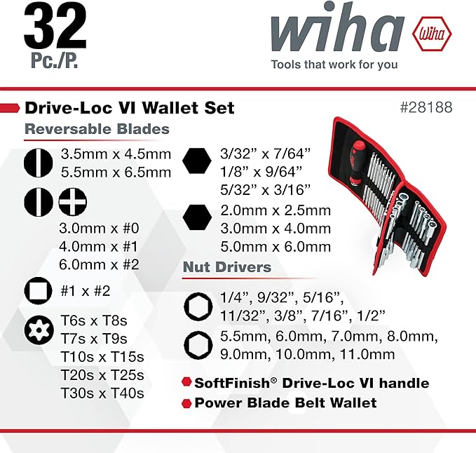 Wiha 28188 Drive-Loc VI Wallet Set, 32 Piece, Phillips, Slotted, Square, Torx, Hex & Nut Drivers, SoftFinish Handle