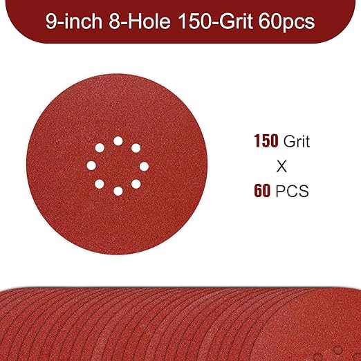 9 inch Sanding Discs 150 Grit 8 Holes Hook and Loop Sandpaper for Drywall Sander 60Pack