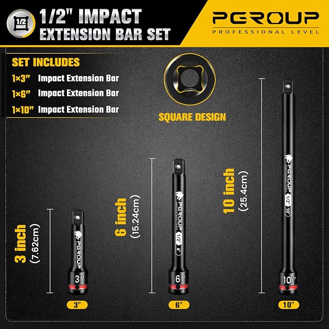 1/2-Inch Drive Impact Extension Bar Set | 3 Piece Socket Extensions 3" 6" & 10" Long | Premium CR-MO Steel with Deep Embossed and Painted Marking