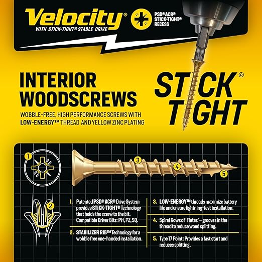Velocity Interior 1 1/2 Inch Wood Screws Contractor Pack (Size #6, 876 Pcs) ??Self Tapping Screws with Phillips Bits, Stick Tight Technology, Carbon Steel with Zinc Plating, Durable Storage Organizer