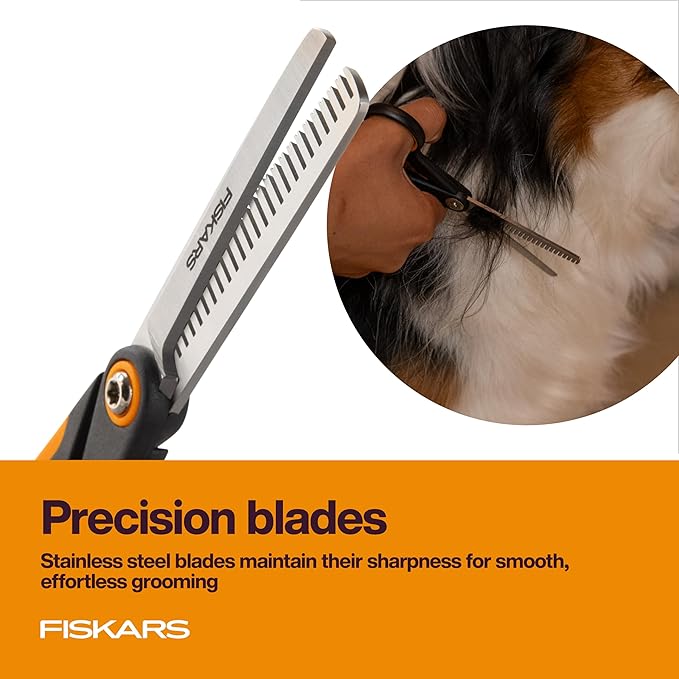 Fiskars Pet Scissors, Dog and Cat Grooming Scissors, Serrated Teeth for Thinning & SoftGrip Handle, Cat and Dog Supplies, 6.5?? Orange/Black, Blending Scissors