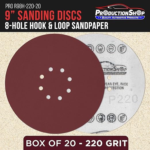 Premium 9" Red 8-Hole Pattern 220 Grit Sanding Discs, Box of 20 - Dustless Hook & Loop Backing Sandpaper for Drywall Power Sanders, Fine-Cut Abrasive - Woodworking, Sand Auto Paint