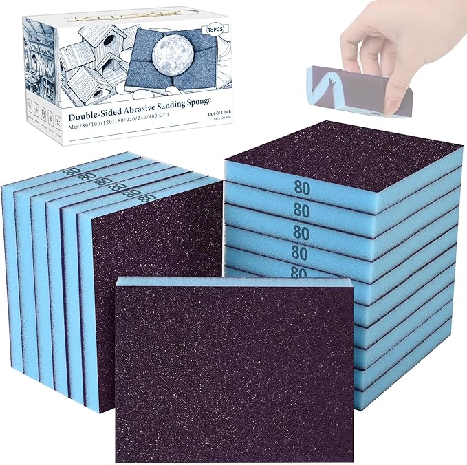 18 Pack Double-Sided Sanding Sponge, Wet Dry Sanding Blocks 80 Grit Washable Sandpaper Sponge Assortment Pack for Curved Wood Furniture Paint Drywall Metal