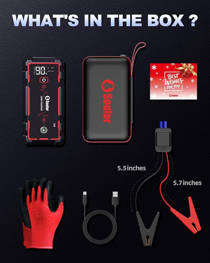 Jump Starter, Battery Jumper Starter Portable, Car Battery Jump Starter with 3 Modes Flashlight, Compass, Power Bank and Jumper Cable