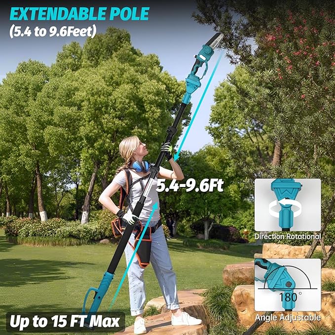 2-in-1 Cordless 8" Pole Saw & Mini Chainsaw Compatible with Makita 18V Battery, Brushless 8 Inch & 6 Inch Telescoping Pole Chainsaw Combo Kit 15 Ft Max Reach for Tree Branches Pruning(Tool Only)