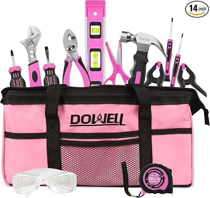 DOWELL 14 Pieces Kids Real Tools Pink Tool Set竊똖ool Kit with Storage Bag for Boys, Girls, Children DIY Building and Woodworking, Age 8+