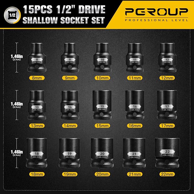 15-Piece 1/2" Drive Shallow Impact Socket Set, Metric Size (8-22mm) 12-Point Socket Set, CR-MO Steel for Automotive & DIY