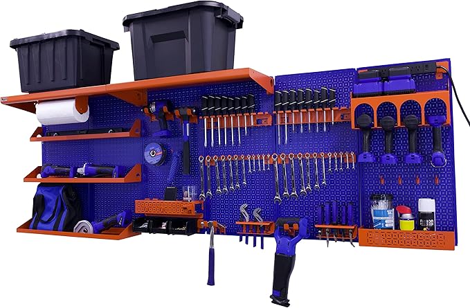 OmniWall Weekend Warrior Ultimate Tool Kit-96" x 32" Metal Pegboard Wall Storage System Blue/Black