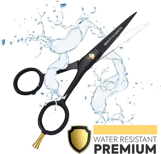Beauty & Crafts- 5'' German Beard Mustache Scissors - 2 Mustache Comb for Facial Hair with Beautiful Pouch - Beard Trimming Scissors Use for Grooming, Cutting, and Styling of Mustache (Black)